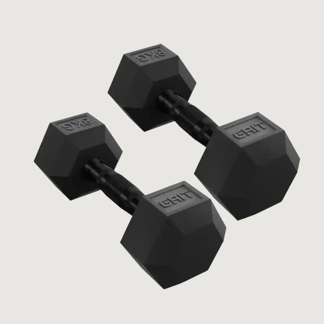 GRIT Hex Black Dumbbells - 8 kg Pair